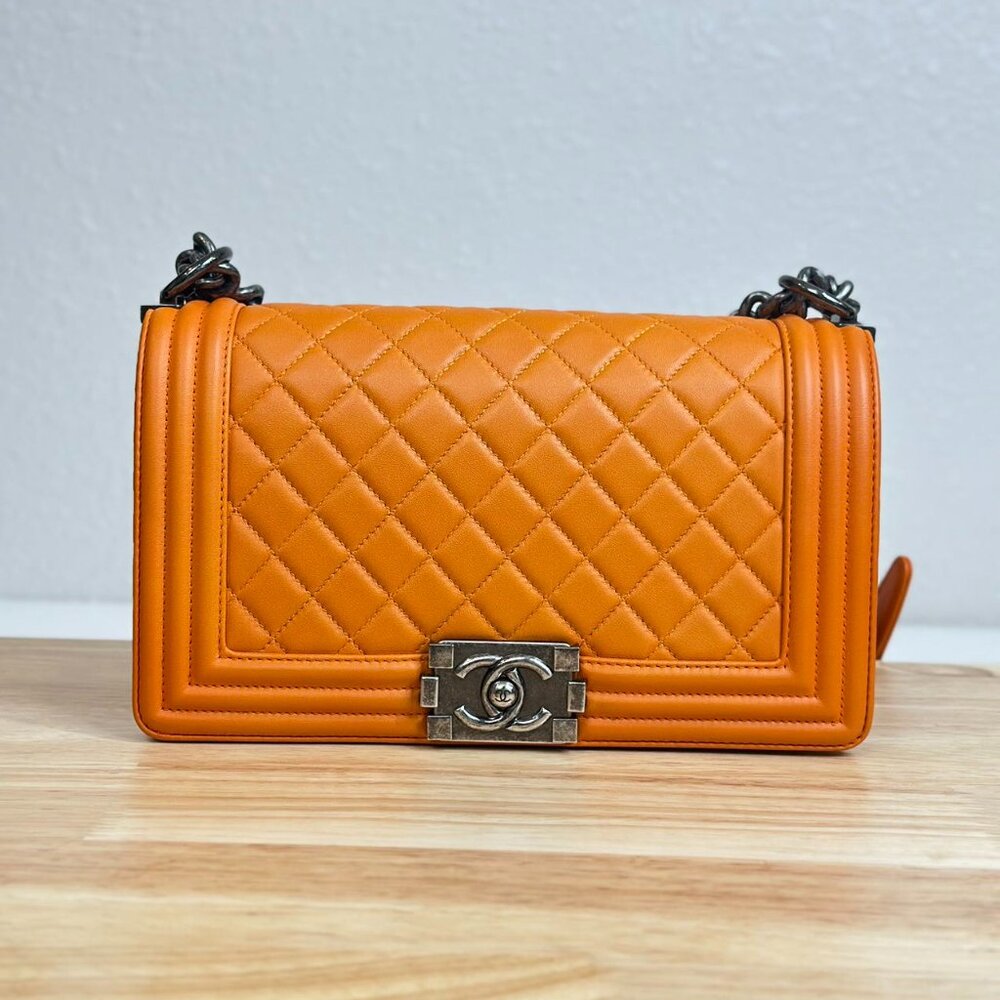 Chanel Orange Leather Medium Boy Bag Shoulder Bag Crossbody